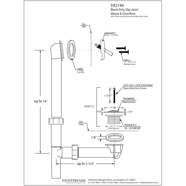 Westbrass Tubular Trip Lever Bath Waste Leg Tub Drain with Overflow